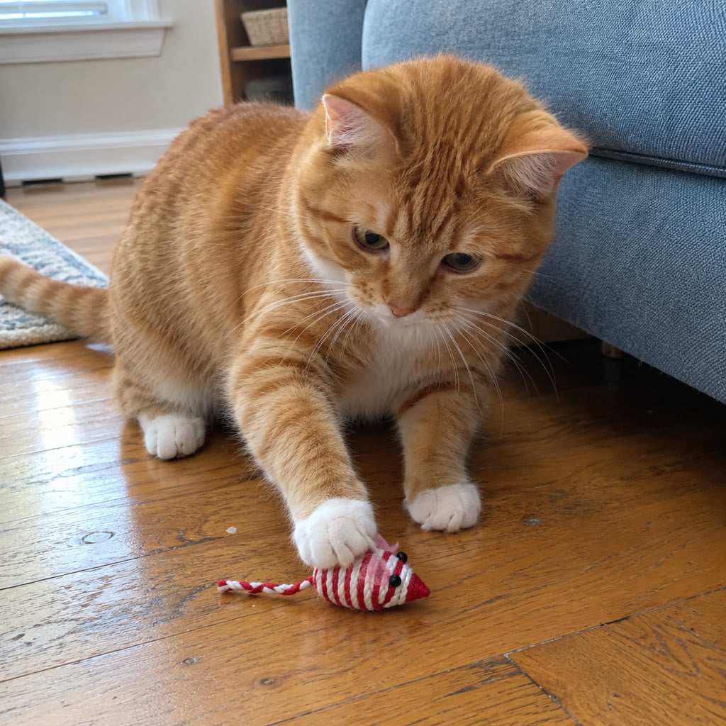 Orange tabby touching a red-and-white cord mouse