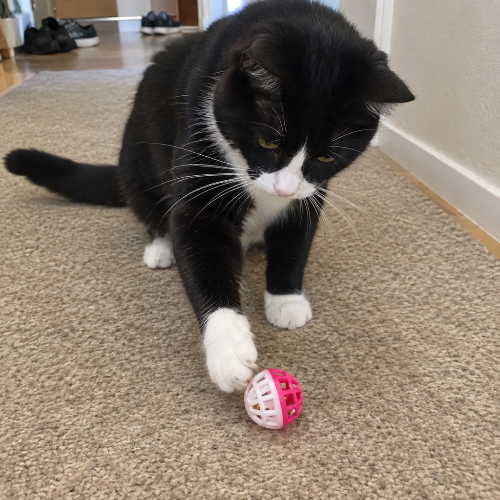 Tuxedo cat reaching for a pink-and-white ball