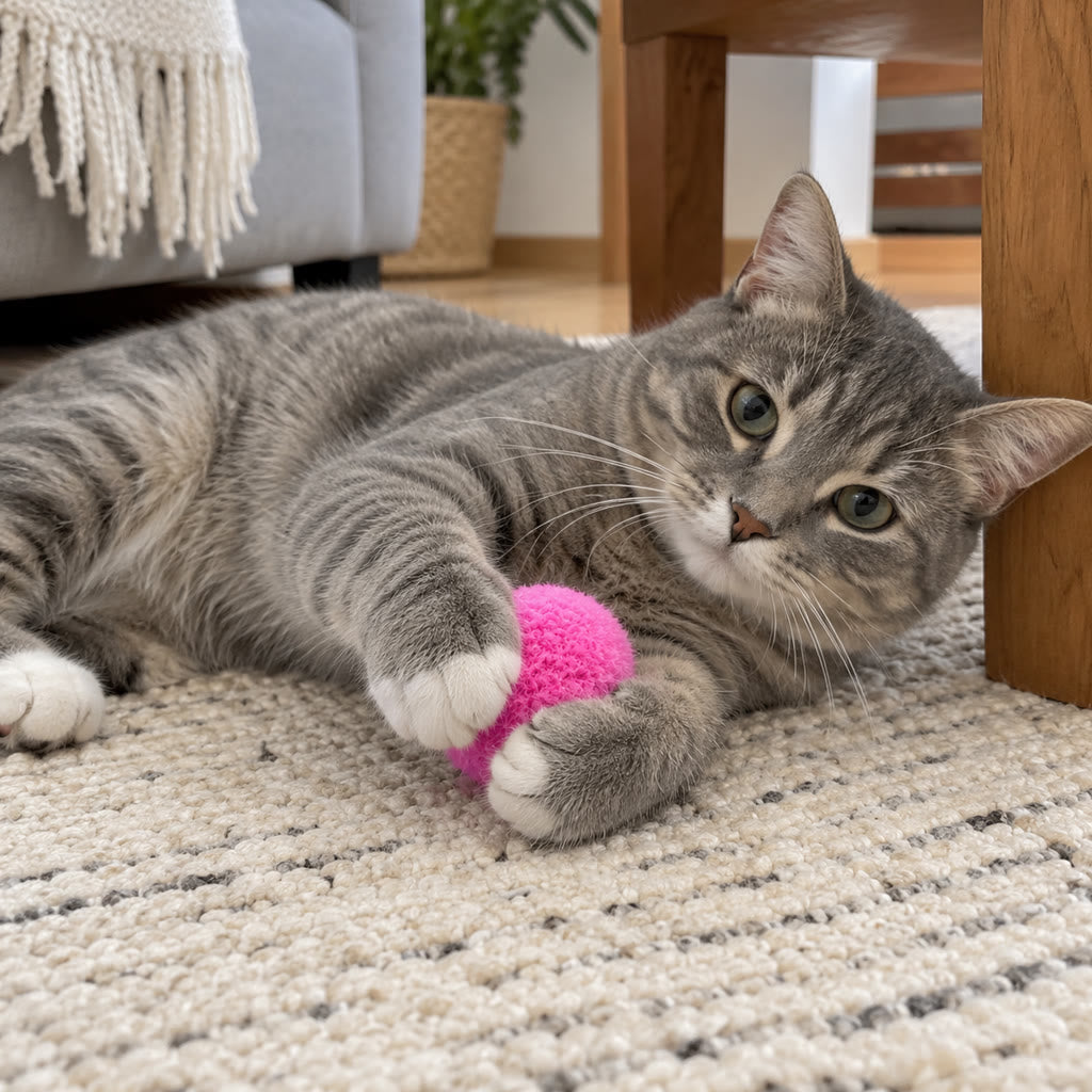 Grey tabby holding a soft pink ball
