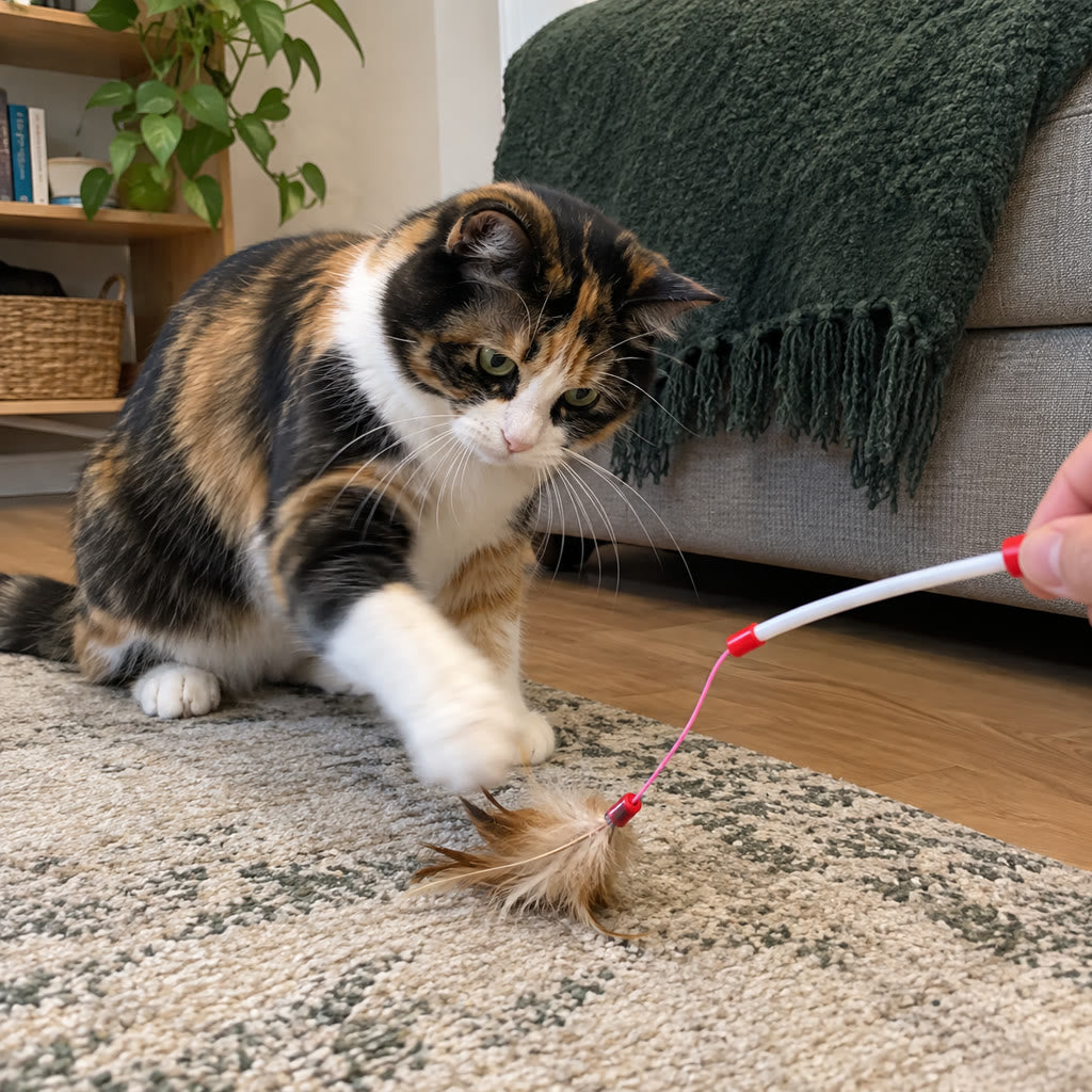 Calico cat playing with a feather wand held by an adult
