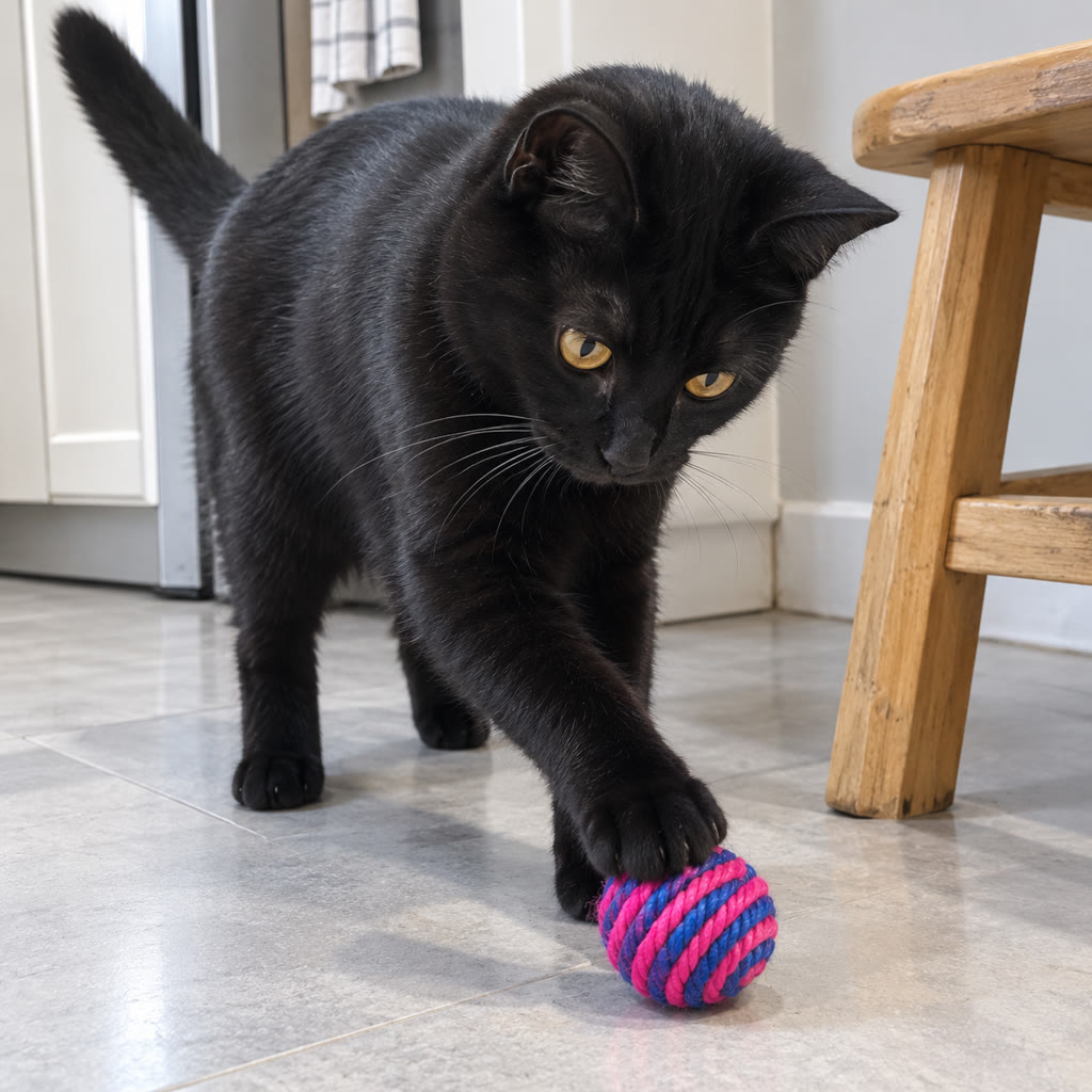Black cat pinning a pink-and-blue ball