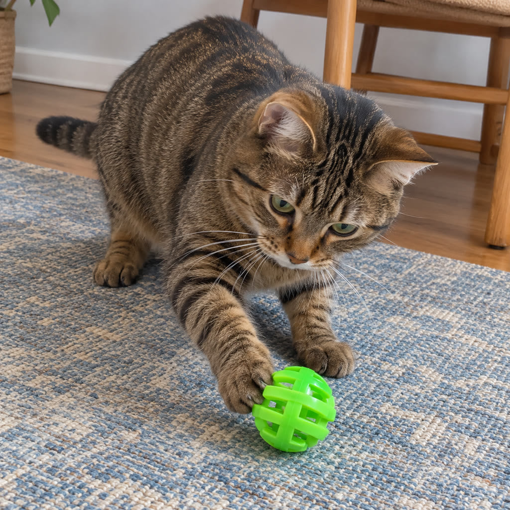 Brown tabby reaching around a green ball
