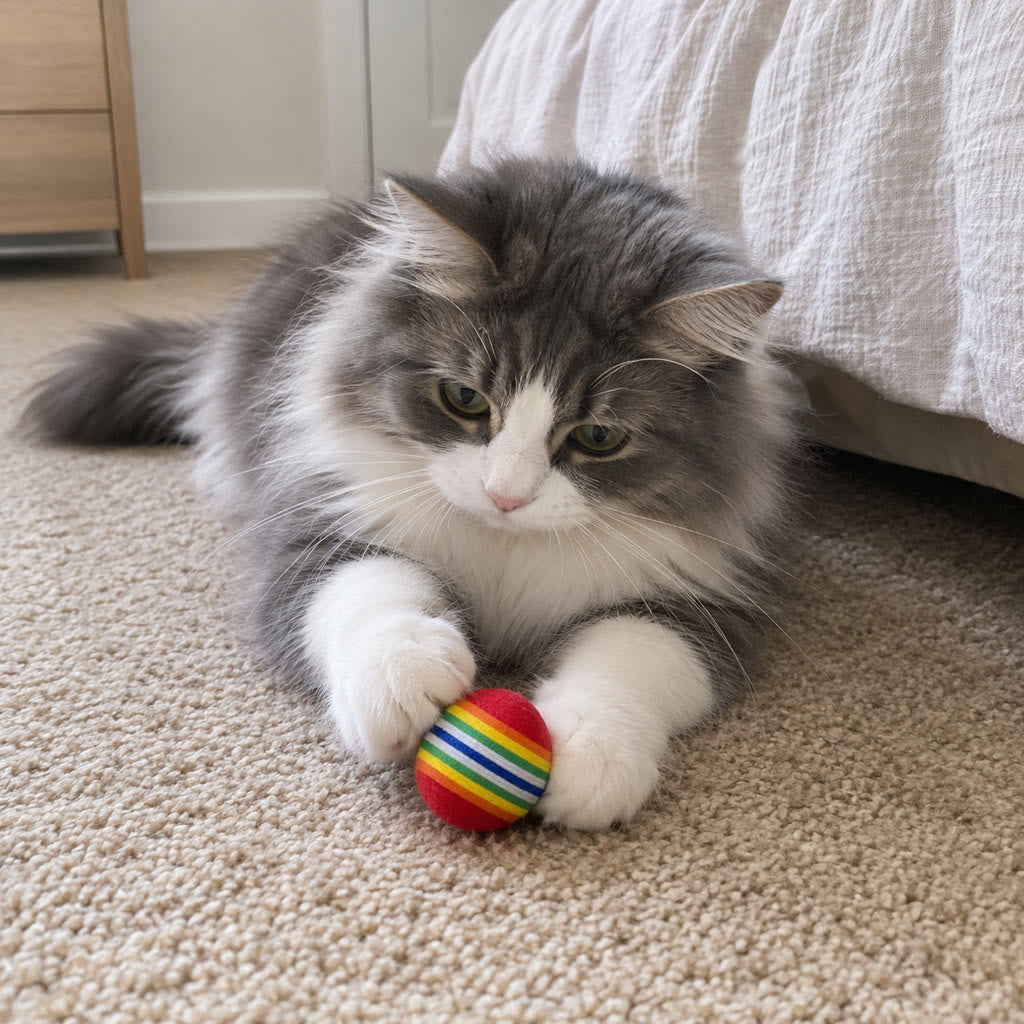 Cat playing with a rainbow ball