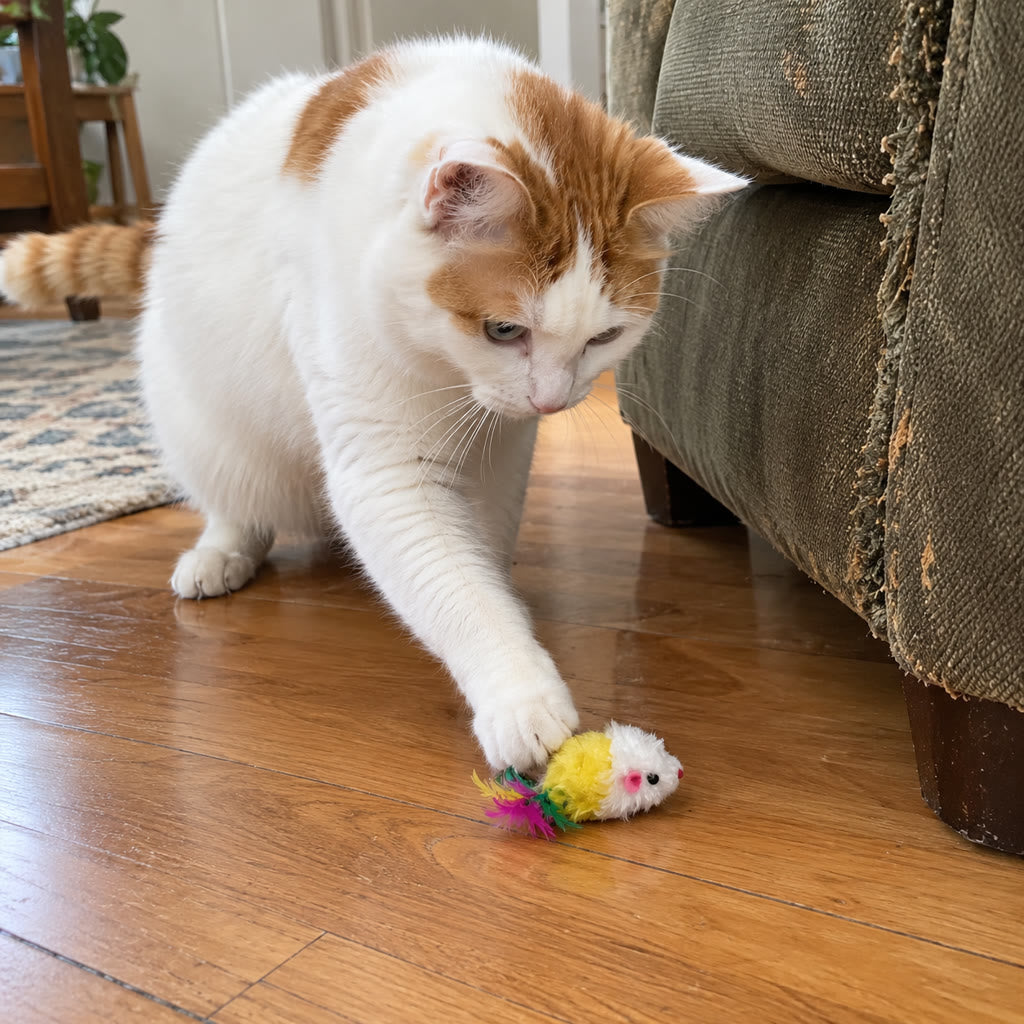 Cat touching a yellow mouse
