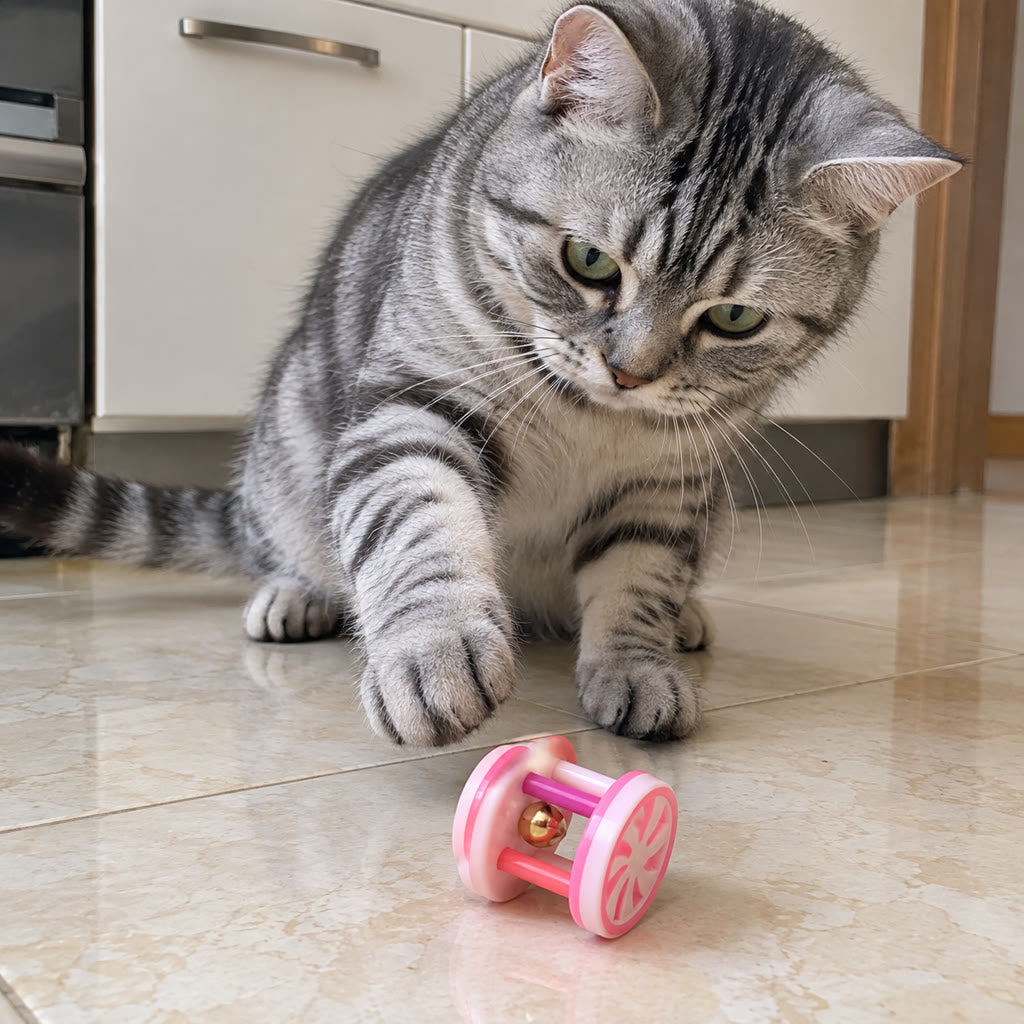 Tabby playing with a pink roller