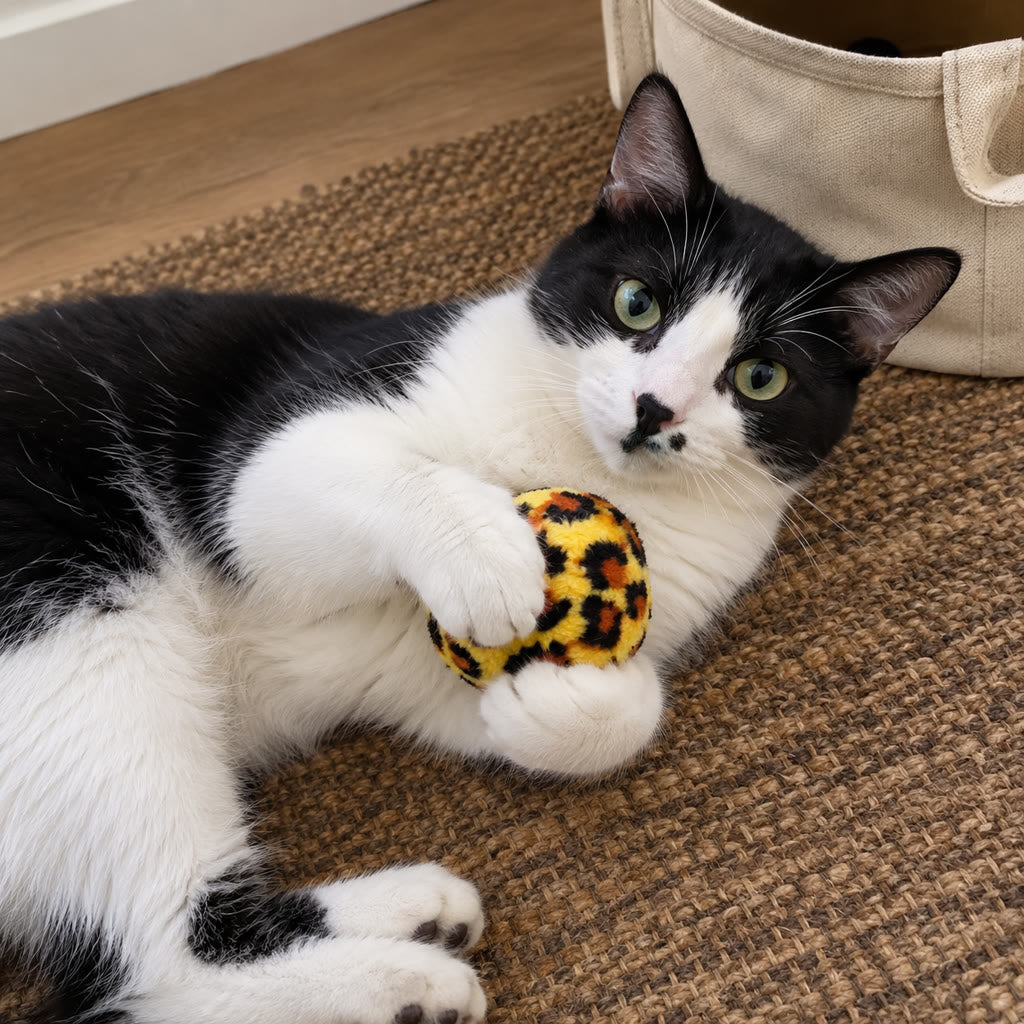 Cat holding a spotted ball