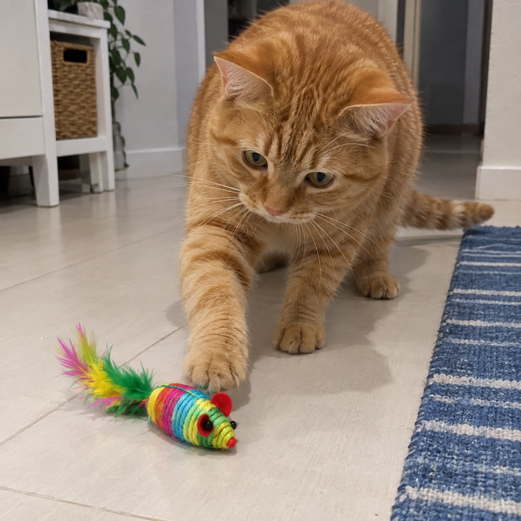 Ginger cat investigating a multicolored mouse