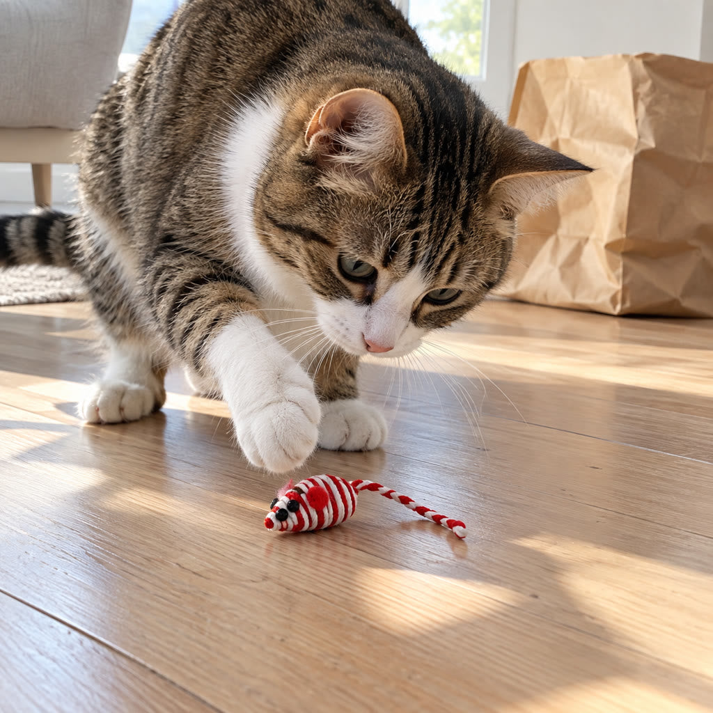 Cat approaching a red-and-white mouse