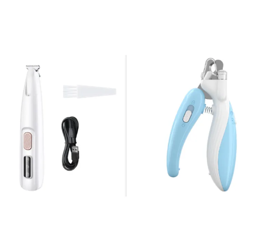 White fur trimmer and separate blue and white nail clipper