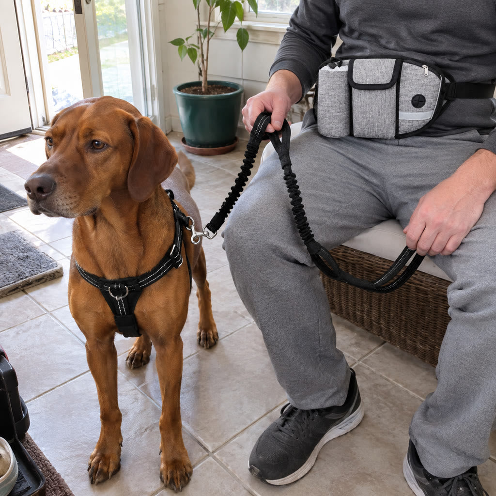 Black Walk Kit leash beside the grey waist pouch